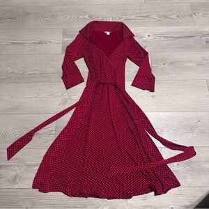 Vintage O’lala Red Polka Dot Long Wrap Dress V-neck Collared with Tie Back, S